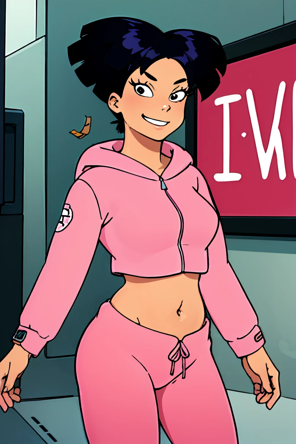 Black woman in purple sweater and yellow high cut panties, anime art style,
