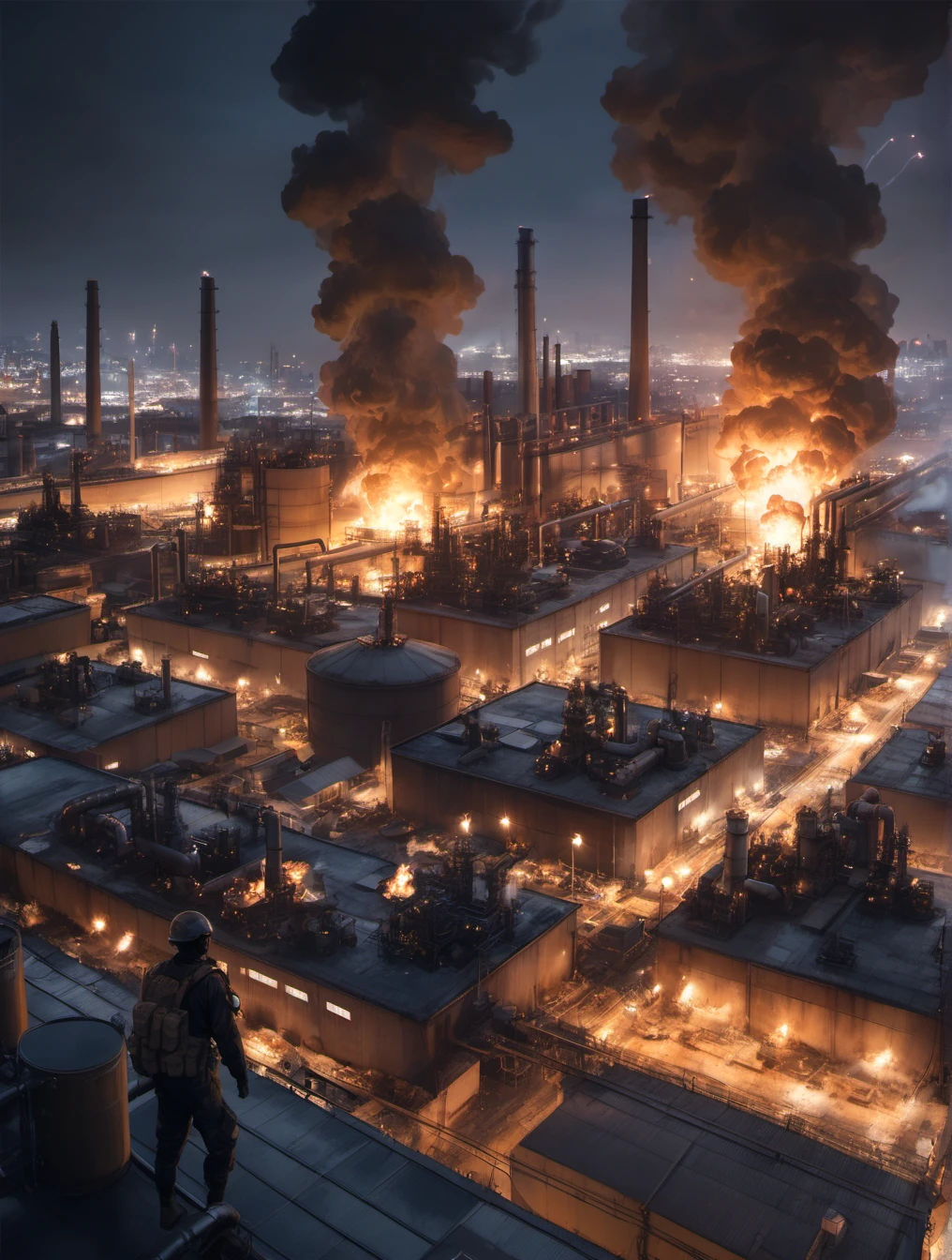 8k, RAW,natural skin,detailed skin,japanese girl,solo,cowboy shot, girl is a soldier from a special forces unit that came to destroy the factory, military uniform, rooftop, overlooking,near-future industrial city, panoramic view,factory night view, skyline, (Factories, pipes, smoke:1.3),(sparks, chimneys, electric lights, rusty walls:1.3),(outdoor),(a large oil refinery with a lot of tanks and pipes:1.3),(factory view at night),factory is burning due to an explosion,best quality,masterpiece,