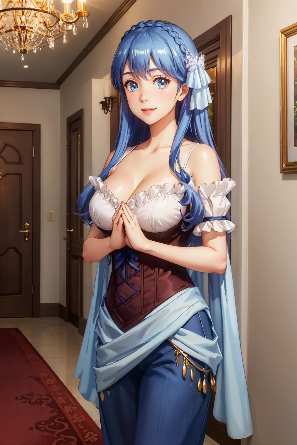 masterpiece, best quality,  <lora:junadoma-nvwls-v1-000009:0.8> juna doma, crown braid, hair ornament, hair ribbon, frilled dress, cleavage, bare shoulders, large breasts, blue pants, own hands together, looking at viewer, hallway, chandelier, smile
