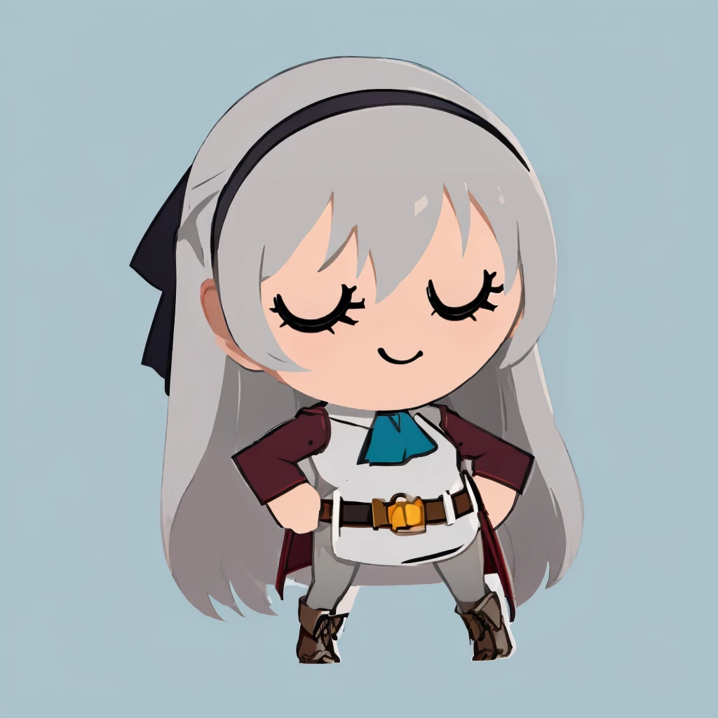 simple background, flat color, no lineart, chibi, solo, 1girl, elie macdowell, smile, closed eyes, hairband, blue ascot, hair ribbon, long sleeves, belt, pantyhose, white boots<lora:style_helltakerchibi-000010:1> <lora:elie-nvwls-v2-zero:1>