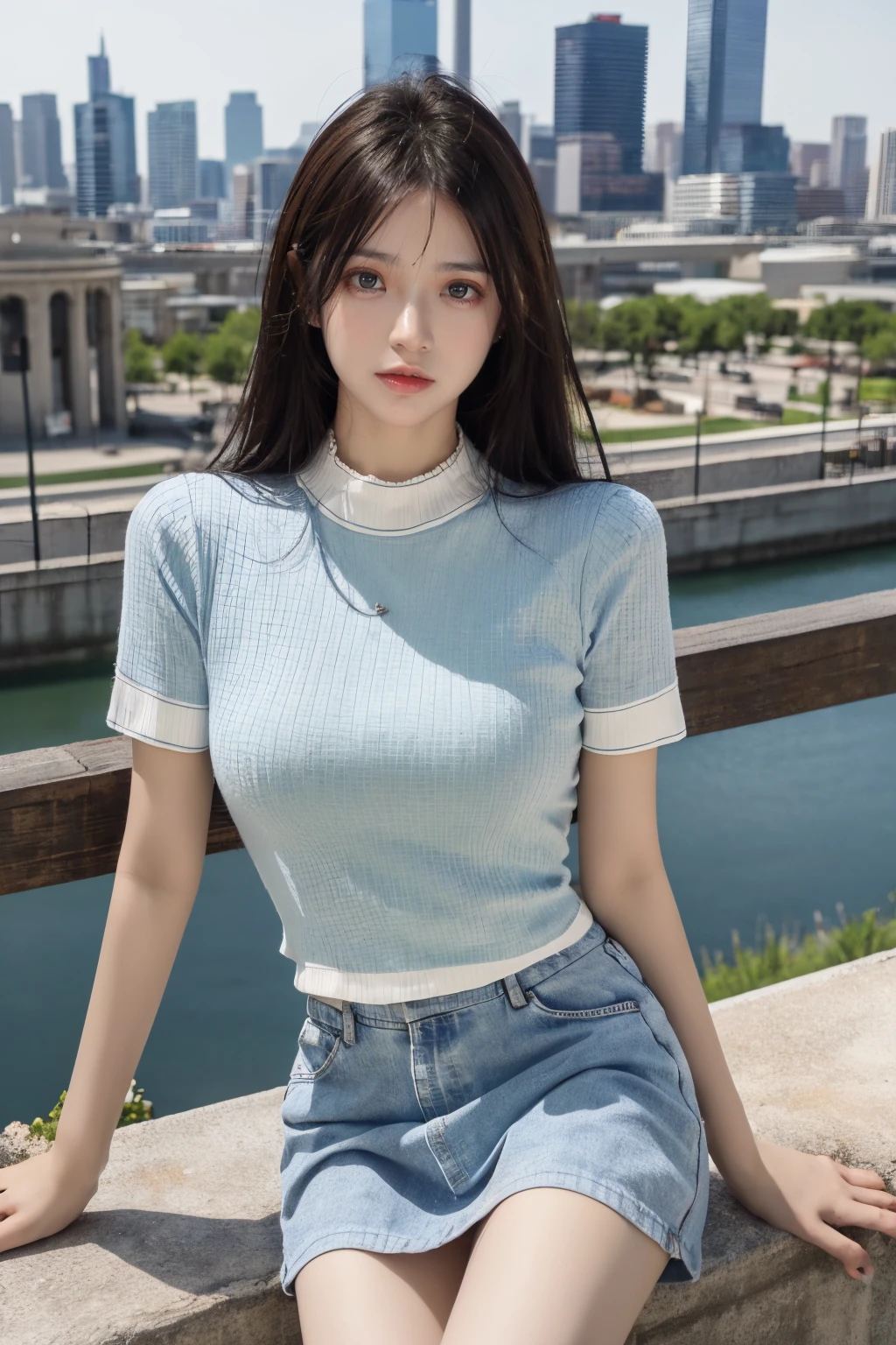 best quality,HDR,UHD,8K,Vivid Colors,solo,photo_,(1girl:1.5),(sitting:1.3),(looking at viewer:1.4),Elegant,detailed gorgeous face,(city background:1.3),(cowboy shot:1.4),<lora:rc94:0.75>,rc,green shirt,white miniskirt,<lora:Background Detail Enhanced_Si_v3.0:1.5>,