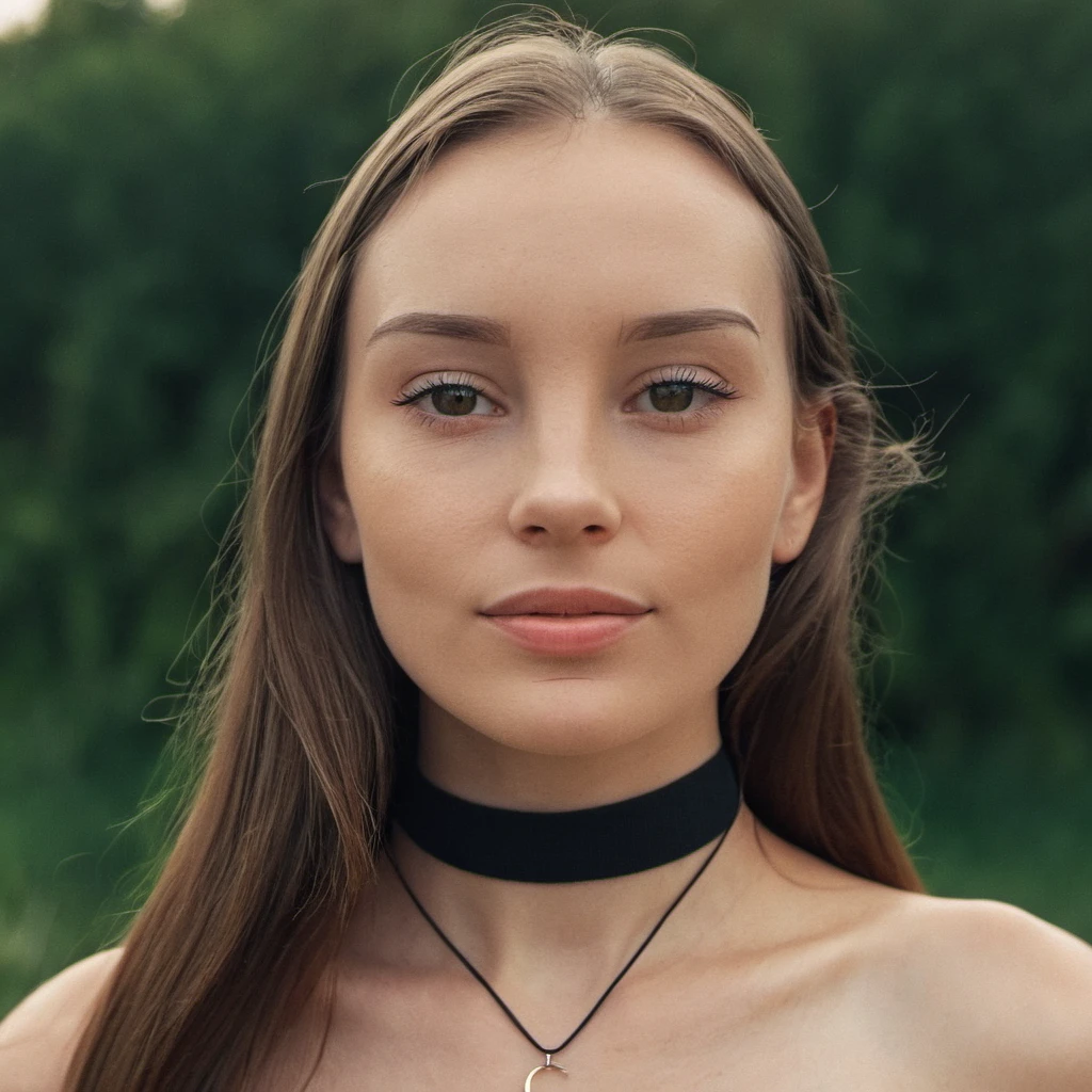 Skin texture, no makeup, Super high res closeup portrait photo of a stunning woman outdoors with straight hair, wearing a small string choker around her neck,f /2.8, Canon, 85mm,cinematic, high quality,looking at the viewer, , <lora:asmrdarling_xl_2_standard_merger_21_51_055_045:1>