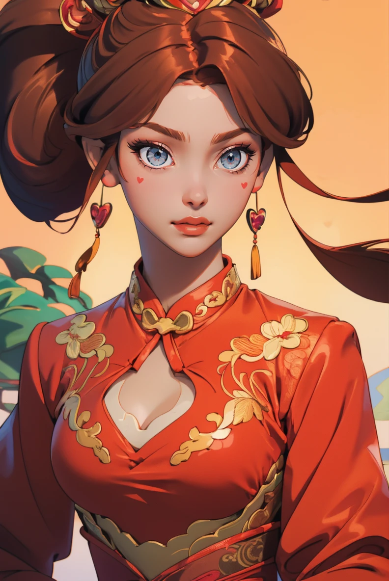 close up portrait, (ginger hair:1.3), woman, lun4r_dr3ss,sexy, red cheongsam, gold embroidery, long sleeves, cleavage cutout, large ornate headdress with gems, high heels, <lora:lun4r_dr3ss-06:0.8>, standing, lotus garden, (holding a heart made of ruby:1.3)