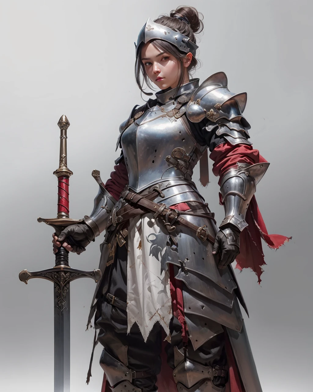 best quality,masterpiece,highly detailed,ultra-detailed,
<lora:neg4all_bdsqlsz_V3.5:-1>, <lora:knight:1> knight, weapon, armor, holding weapon
ambiguous gender, armor, armored boots, axe, black hair, boots, brown eyes, full armor, gauntlets, greaves, grey eyes, headwear removed, helmet, holding sword, holding weapon, knight, pauldrons, planted sword, red skirt, ribbon, scabbard, sheath, shoulder armor, simple background, single hair bun, solo, standing, sword, torn clothes, vambraces, weapon, weapon over shoulder, white background