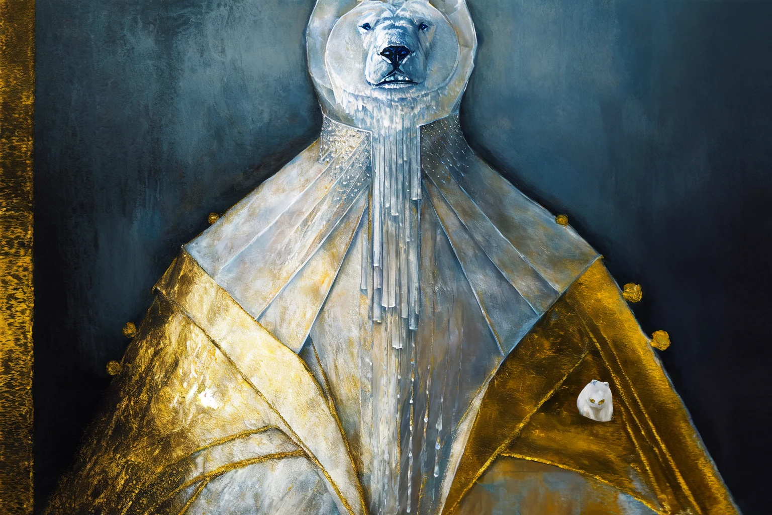dressed polar bear, golden headpiece, dress covered with transparent glowing ice, aristocrat, masterpiece, best quality, oil painting \(medium\), horror \(theme\), dark, painting \(medium\), tkstyle <lora:tkstyle_2:1>