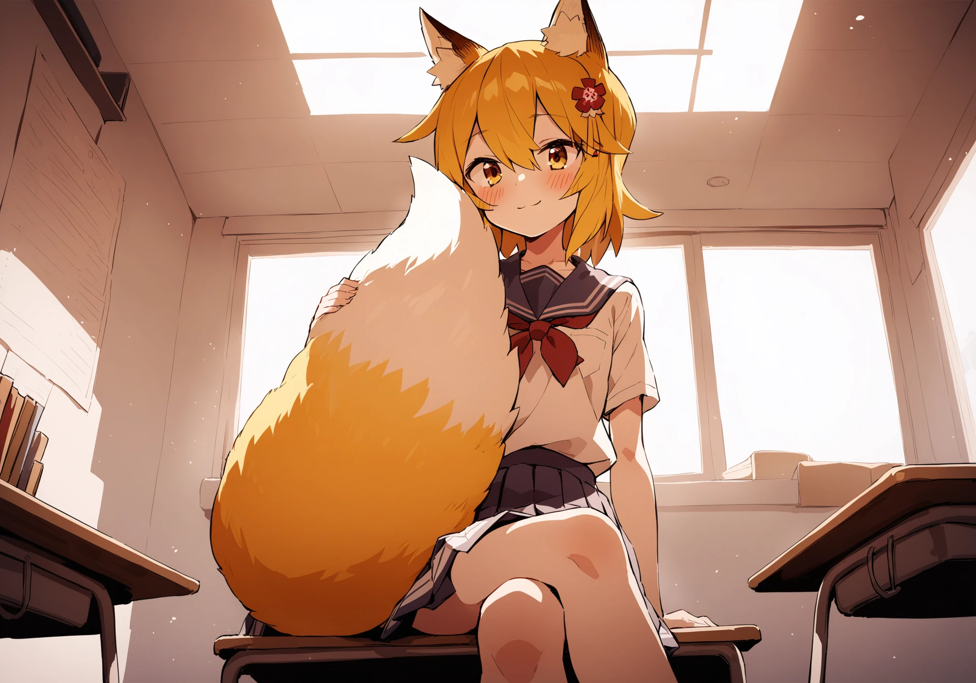classroom, happy, school uniform, sitting on desk, from below, crossed legs, holding own tail, cinematic angle, cinematic lighting, masterpiece, best quality
BREAK
sen, blonde hair, animal ears, fox ears, blush, animal ear fluff, hair ornament, fox girl, hair flower, hair between eyes, short hair, fox tail, tail, flat chest, yellow eyes, young girl
<lora:senko_animagineXL_v1:1>