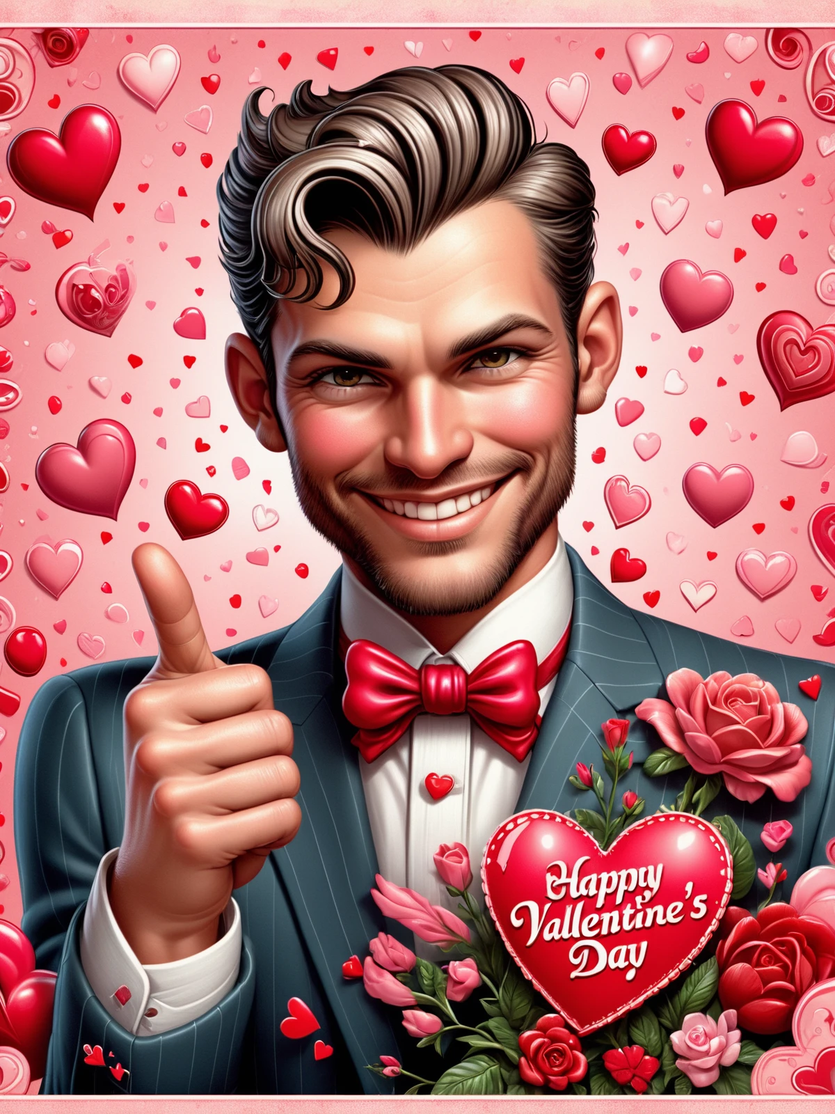 man smirking, winking, (pointing finger at the viewer:1.4)  with both hands, text banner saying "Happy Valentine's Day"<lora:Kitschy_Cards_SDXL:0.8> mad-kitsch, (masterpiece:1.2), best quality, (hyperdetailed, highest detailed:1.2), high resolution textures