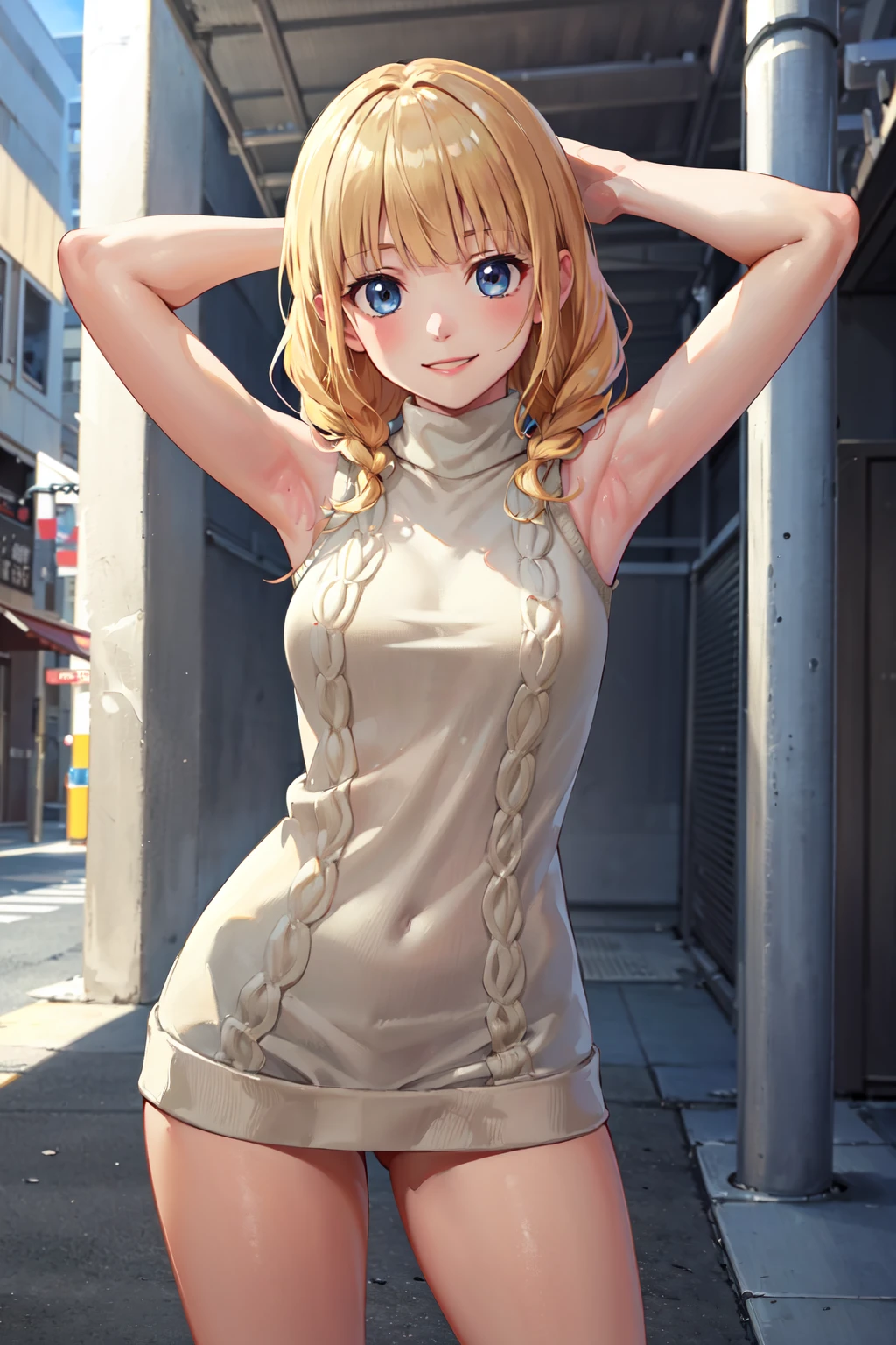masterpiece,best quality,highres,ultra-detailed,tsukimi eiko,long hair,twin braids,blunt bangs,<lora:tsukimi_eiko:0.7>,(sweater:1.2),(turtleneck:1.2),street,smile,standing,(sleeveless:1.4),arm_behind_head,arms_up,cowboy shot,no pants,