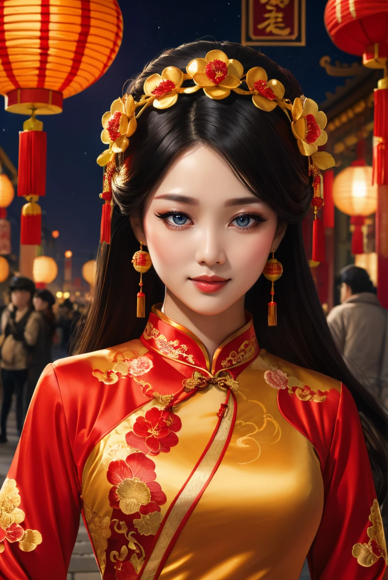 portrait, long black hair, adult woman, lun4r_dr3ss,sexy, cheongsam, gold embroidery, long sleeves, ornate headdress , lantern festival, <lora:lun4r_dr3ss-06:0.6>