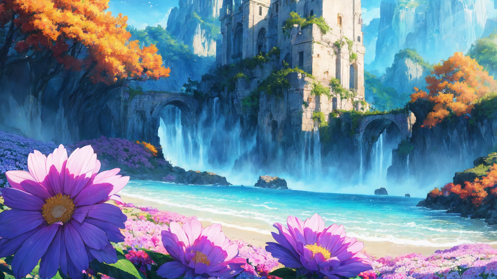 soft and warm color, movie still,bright, vivid,dreamy, evocative use of light and shadow, incredible beauty, anime style, vibrant, studio anime, beautiful, textural, ray tracing, absurdres, offical art, illustration, (((masterpiece))),(((best quality))),((ultra-detailed)), impeccable, intricate details, outdoors, nature, scenery, flowers, <lora:add_detail:0.4>, hayao miyazaki style