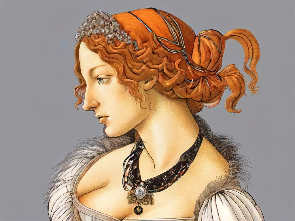 Simonetta Vespucci, Botticelli style, 1girl, solo, long hair, breasts, simple background, hair ornament, cleavage, brown eyes, jewelry, upper body, necklace, orange hair, profile, traditional media, feathers, black background<lora:botticelli-SDXL:0.5>