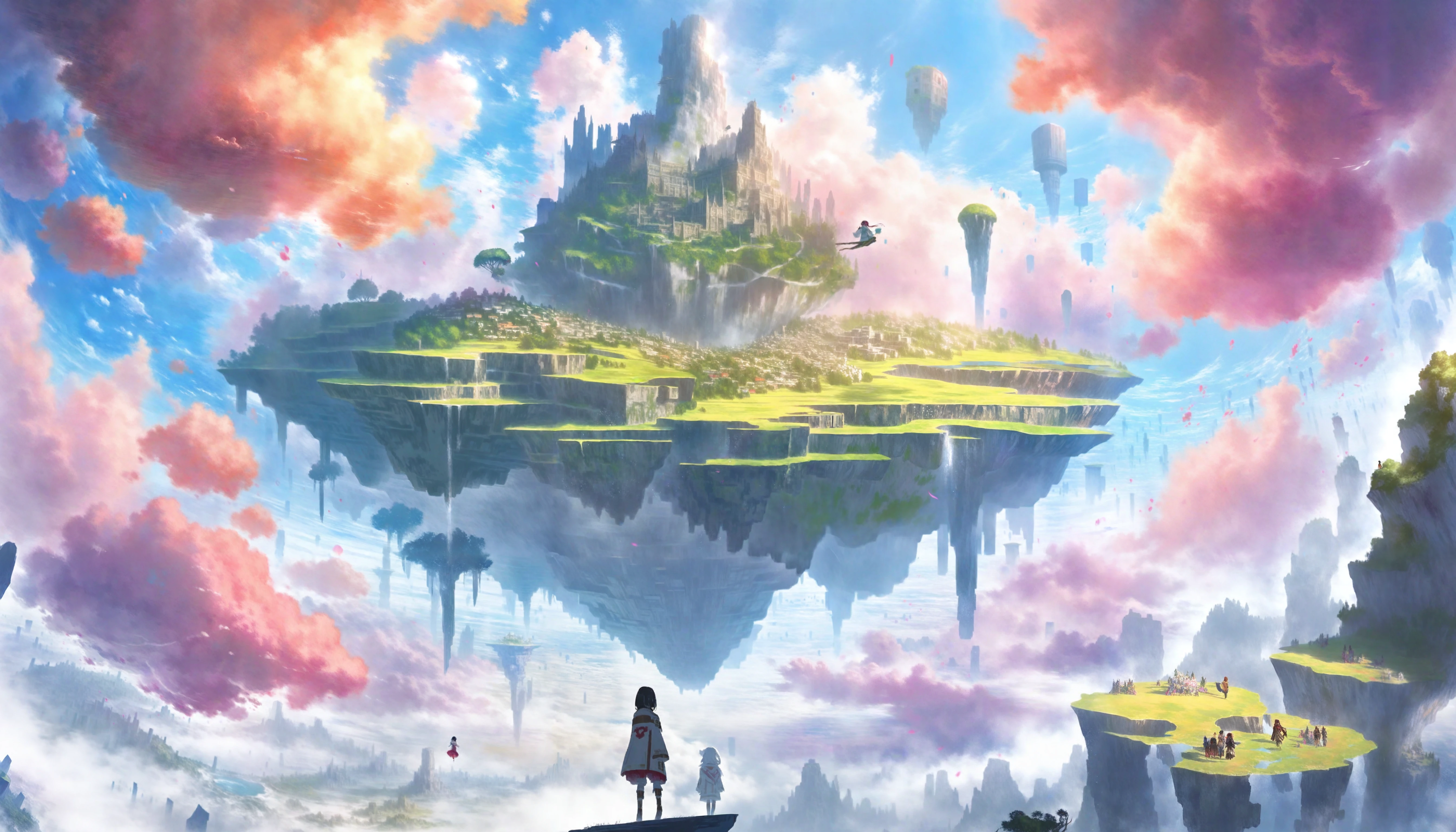 scenery, floating island, cloud, from below, anime coloring, colorful,
best quality, masterpiece,