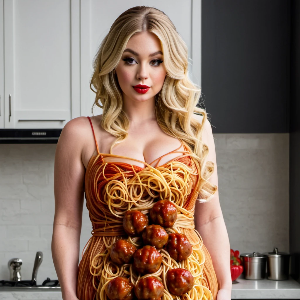 lady gaga in a dress made of meat and sausages , cinematic, insane details, intricate details, hyperdetailed, bright face