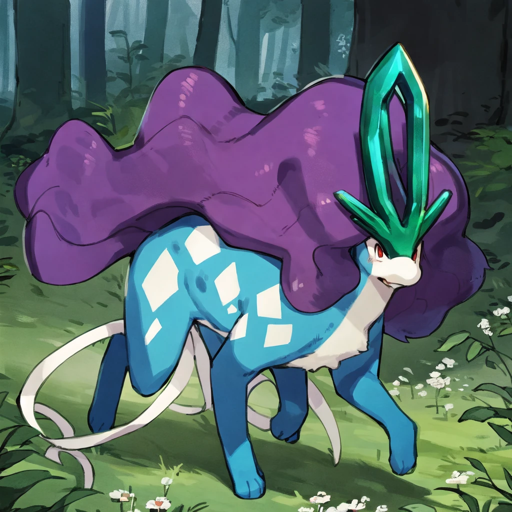 (feral:1.2),(suicune:1.3),thin,hi res,soft shading,good anatomy,two white ribbons:0.6,cinematic lighting,by woolrool,crayon \(artist\),buta99,detailed background,outdoors,red eyes,forest,(purple hair:1.3),closed mouth,dynamic pose,line art,by bebebebebe,<lora:Suicunev3:0.8>,full body,duo,sex,from behind,