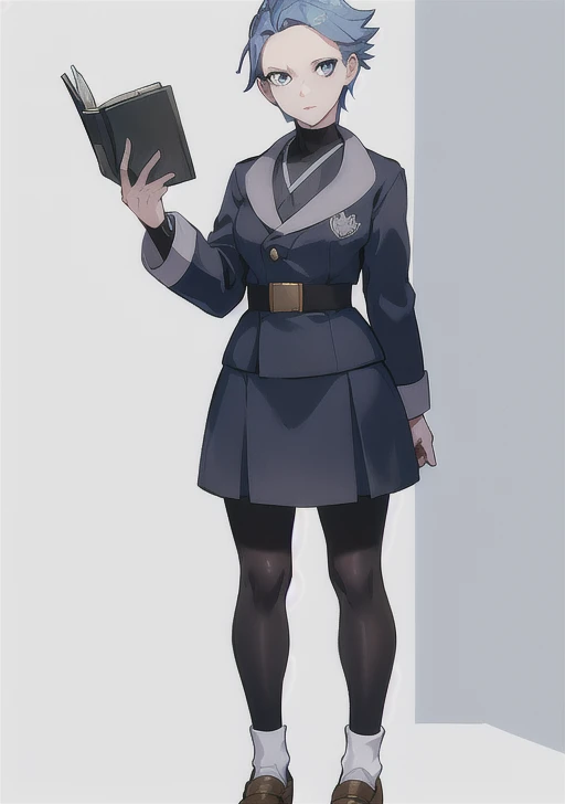 <lora:cyllene:0.5>, cyllene, 1girl, solo, looking at viewer, short hair, skirt, shirt, white background, holding, closed mouth, blue hair, standing, jacket, full body, pantyhose, shoes, socks, belt, hand up, grey eyes, book, black pantyhose, black shirt, brown footwear, bright pupils, grey skirt, holding book, arm behind back, white pupils, grey jacket, brown belt, undershirt, no eyebrows