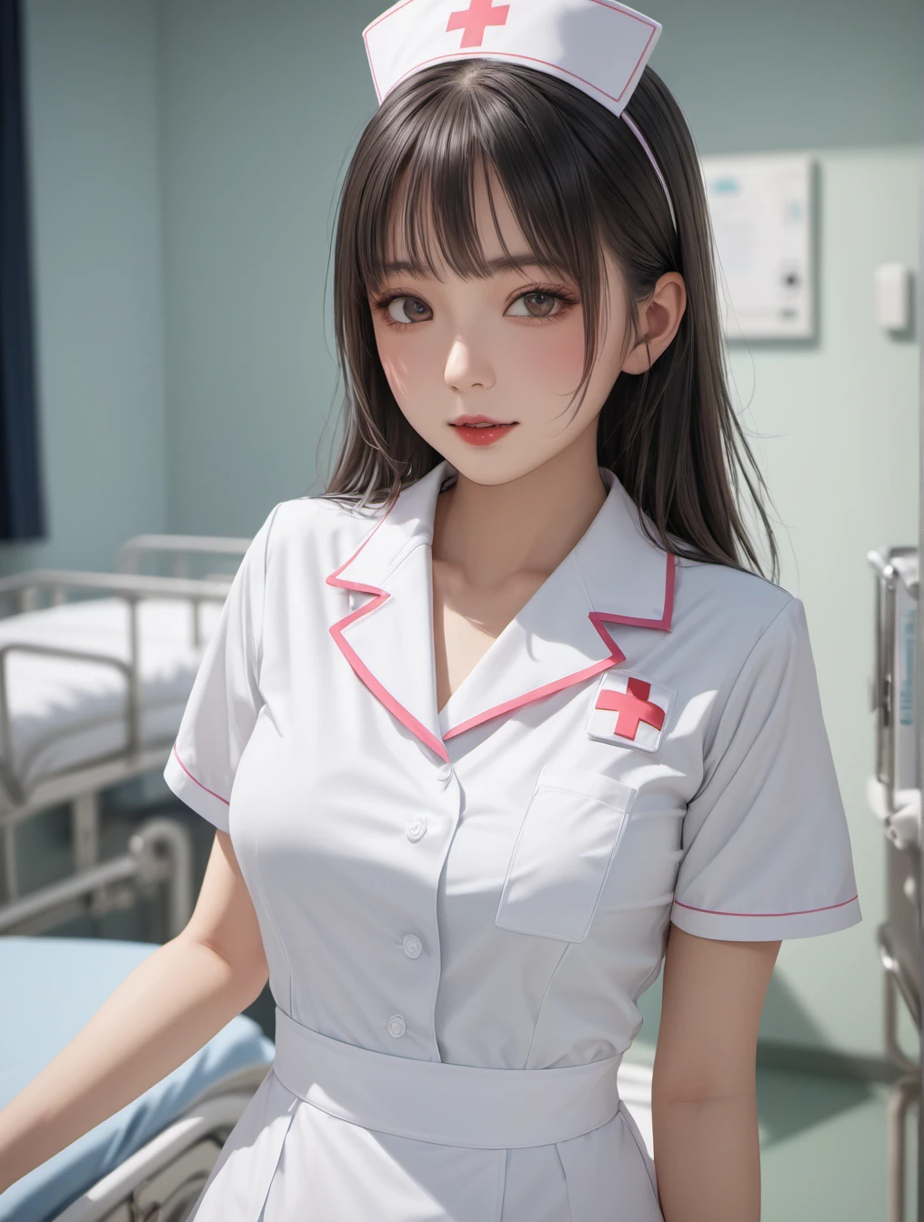 8k, RAW,natural skin,detailed skin,(skindentation:0.3), japanese girl,nurse wears white nurse uniform,garter belt,black legwear,hospital room,best quality,masterpiece