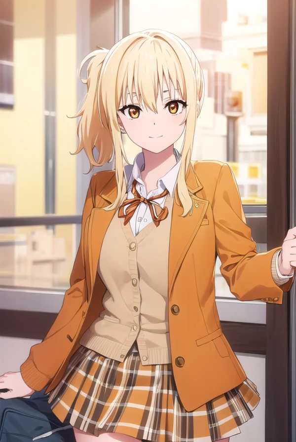 aimiyashita, <lora:ai miyashita s2-lora-nochekaiser:1>,
ai miyashita, blonde hair, ponytail, sidelocks, medium hair, (orange eyes:1.4), smile,
BREAK skirt, long sleeves, ribbon, school uniform, plaid, plaid skirt, cardigan, brown cardigan, nijigasaki academy school uniform, white skirt,
BREAK indoors, classroom,
BREAK looking at viewer, (cowboy shot:1.5),
BREAK <lyco:GoodHands-beta2:1>, (masterpiece:1.2), best quality, high resolution, unity 8k wallpaper, (illustration:0.8), (beautiful detailed eyes:1.6), extremely detailed face, perfect lighting, extremely detailed CG, (perfect hands, perfect anatomy),