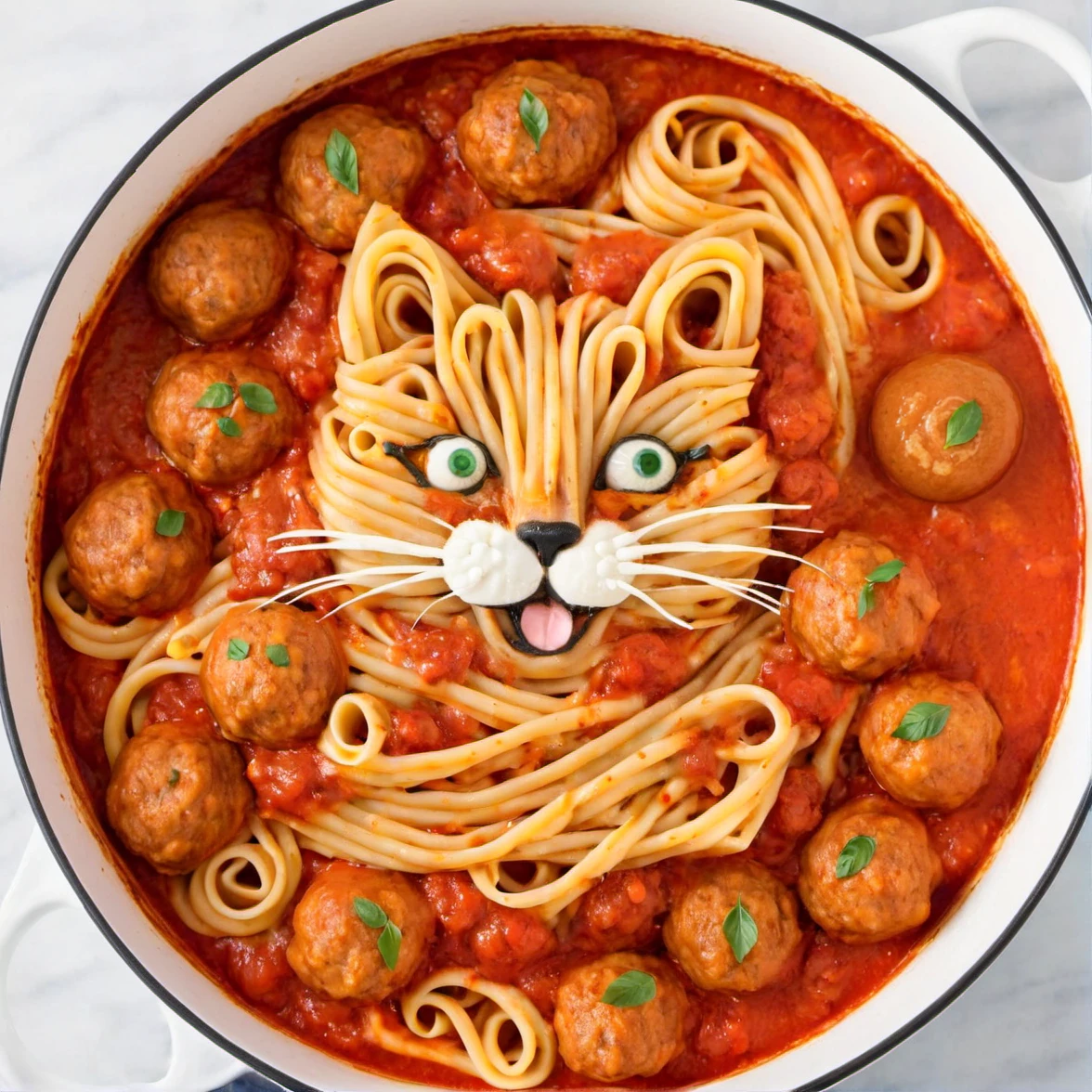 a cat made of pasta, marinara sauce, meatballs, <lora:MMM_Pasta:0.8>