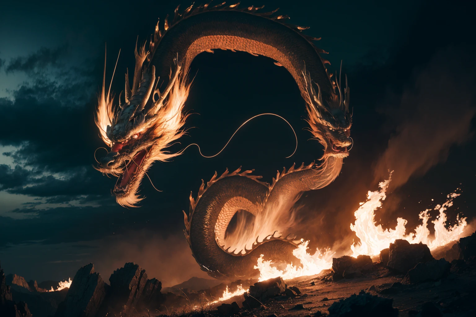 <lora:0219 loong_v1:1>,ruanyi0219,loong,no humans,outdoors,cloudy sky,claws,eastern dragon,long tail,whiskers,chinese new year,red theme,fire,cloud,(wide shot:1.2),
(Low Angle shooting, super wide lens:1.1),(dramatic, gritty, intense:1.4),, best quality,masterpiece,highres,official art,extremely detailed cg unity 8k wallpaper
