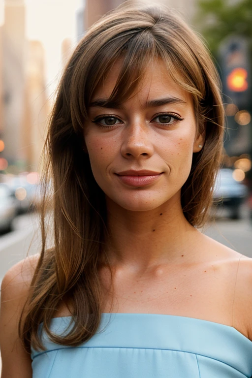 FrancoiseHardy, photography by (Rodney Smith:1.3), ((face focus, shoulders)), modelshoot, pose, (business dress, facing viewer, busy Manhattan sidewalk, looking at viewer, blurry background, bokeh, ID photo:1.3), grin