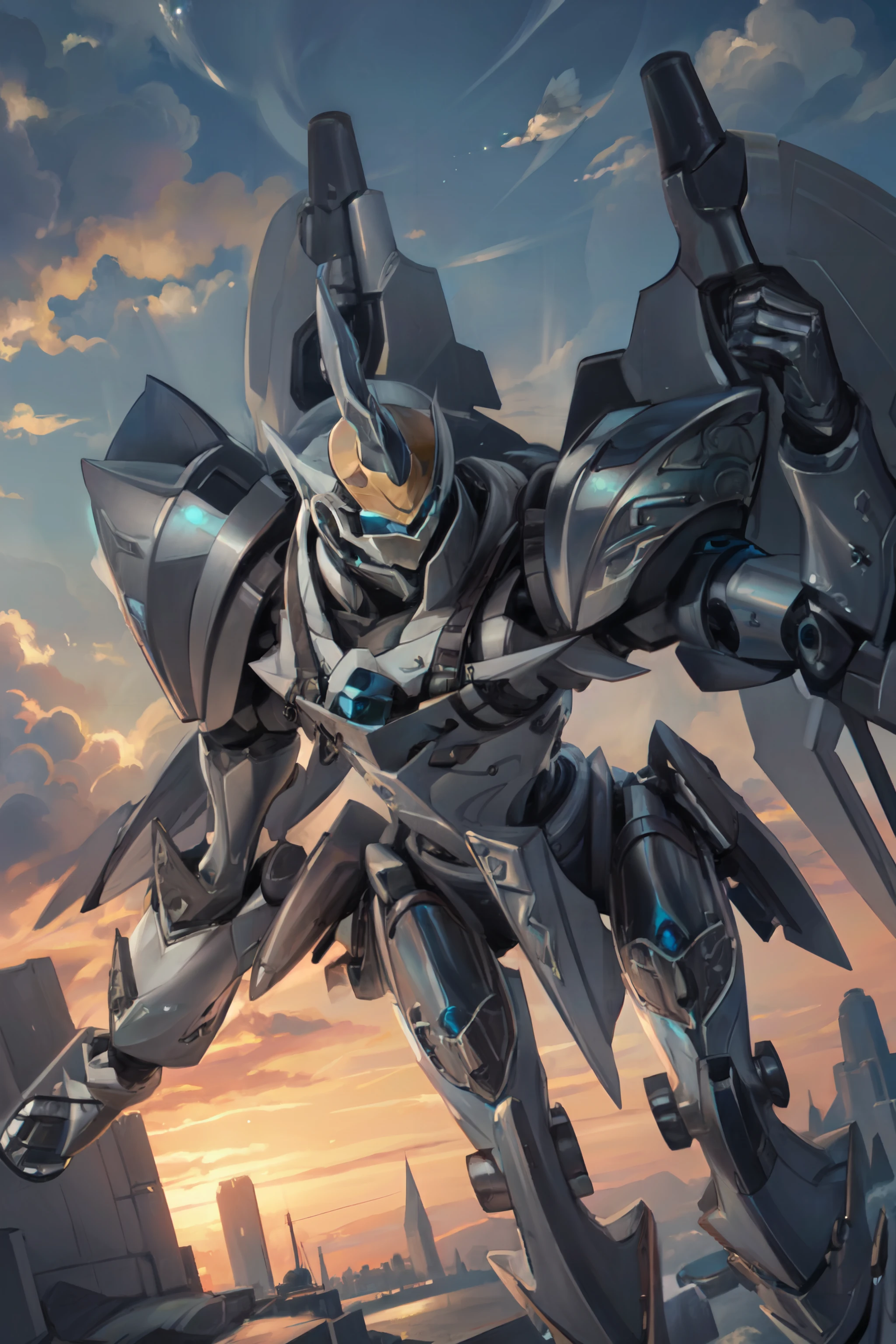(masterpiece, best quality, ultra detailed, beautiful illustration), atmospheric perspective, depth of field, (portrait, close-up), dynamic pose, dynamic angle, (outdoors, sky, flying, blue sky, clouds), <lora:EiyuuDensetsu_Valimar:1>, ValimarSen, science fiction, mecha, robot, glowing, wings, no humans