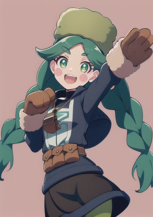<lora:sabi:0.6>,sabi, 1girl, solo, long hair, smile, open mouth, bangs, skirt, simple background, long sleeves, hat, white background, hair between eyes, twintails, green eyes, jacket, braid, :d, pantyhose, green hair, teeth, tongue, black skirt, twin braids, arms up, fur trim, eyelashes, upper teeth only, blush stickers, blue jacket, green headwear, mittens, fur hat, brown bag