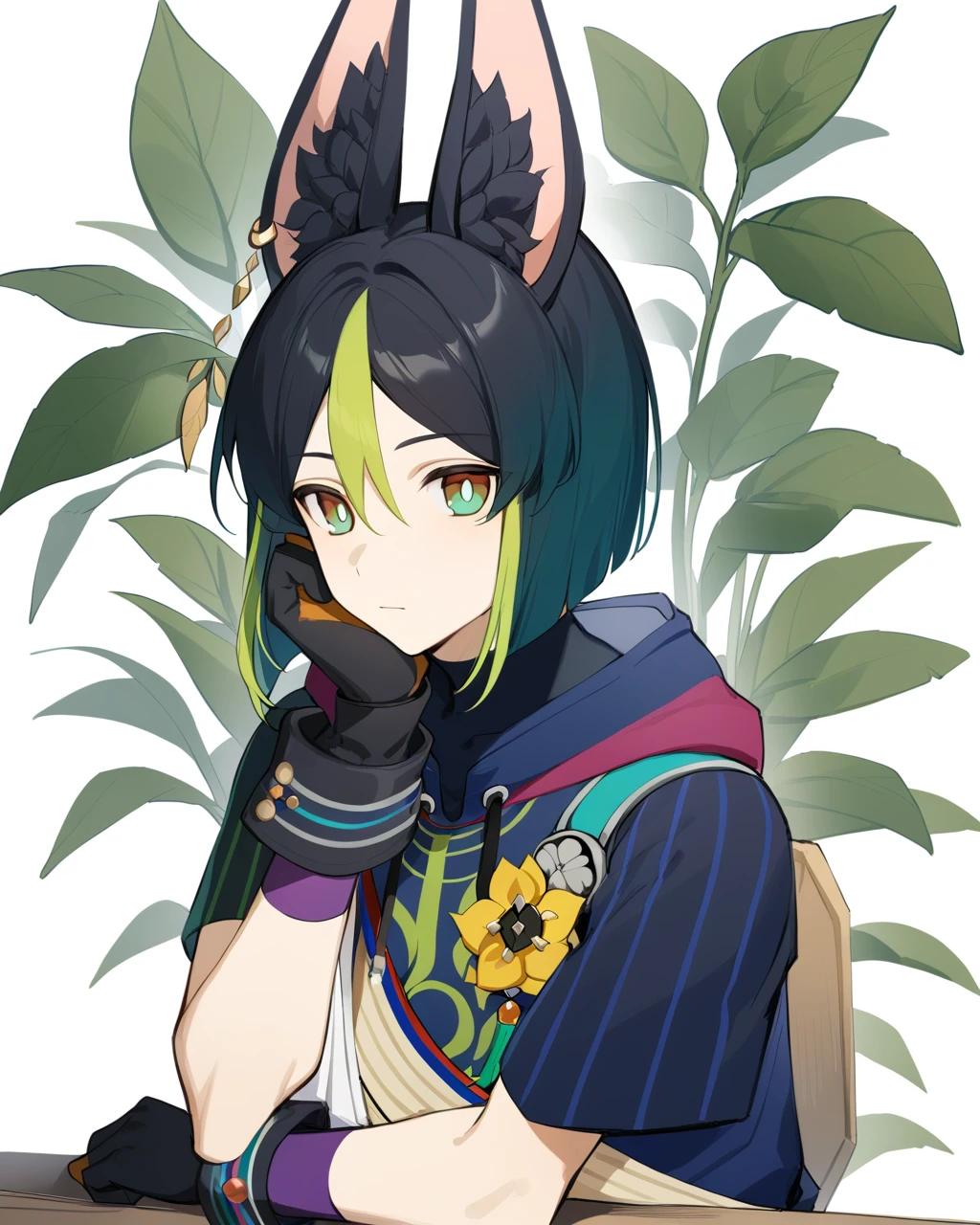 masterpiece,best quality,<lora:tighnariv2:1>,tighnari \(genshin impact\), male focus, 1boy, solo, yellow flower, white background, simple background, hoodie, upper body, parted lips, medal, hood down, drawstring