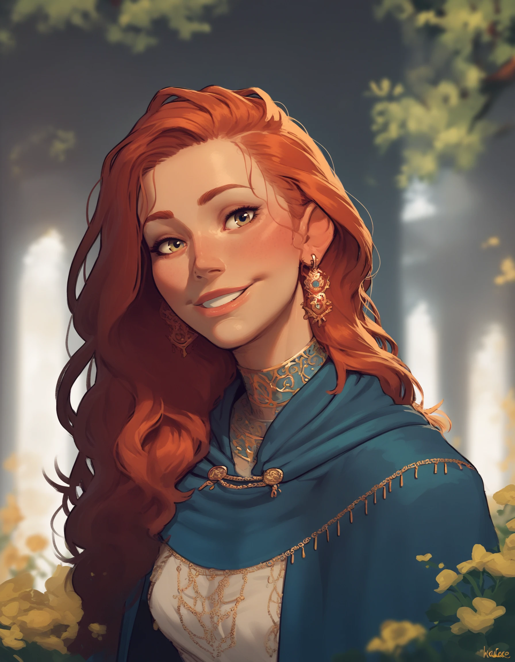 1girl, female, solo, portrait, face closeup,
red hair, long hair, eye contact, smile,
looking at viewer, outdoors, blurred background,
beautiful, regal, clothing, blue cloak, gold inlay, earrings,
BREAK
score_9, score_8_up, score_7_up, score_6_up, source_cartoon, rating_explicit,
<lora:incase_style_v4:1>