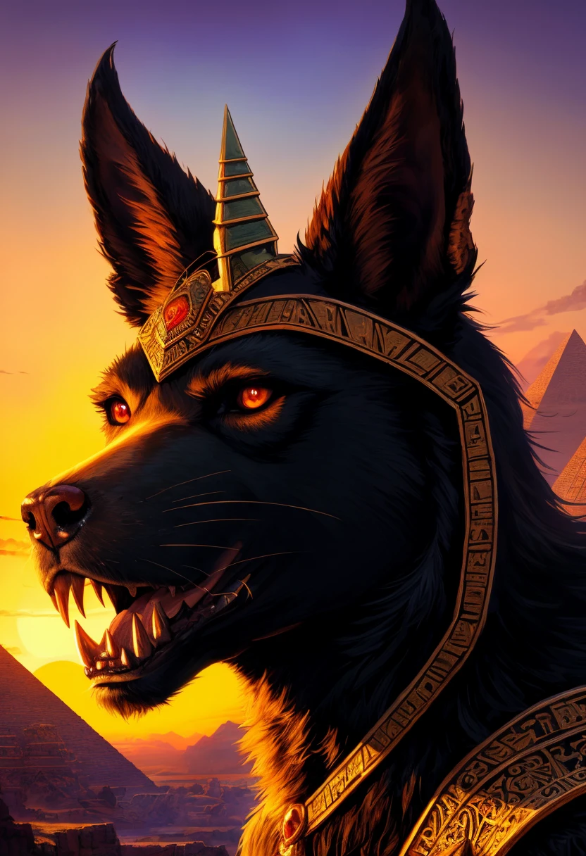 facial portrait, (the great god Anubis:1.3), evil angry facial features, monstrous( humanoid:1.2) jackal headed deity, (crimson embers for eyes:1.3), razor sharp teeth, (wearing an intricately detailed ornate pharaohâs head dress:1.4), (horrific growling hound headed monster, demonic visage:1.5), Snarling, bared teeth, (vast malevolence, terrifying god of death, regal Egyptian attire, detailed ghostly underworld landscape background:1.2), barren landscape, (pyramid), (at sunset:1.4)), ((best quality)), ((masterpiece)), ((ultra realistic)), beautiful intricately detailed soft oil painting,