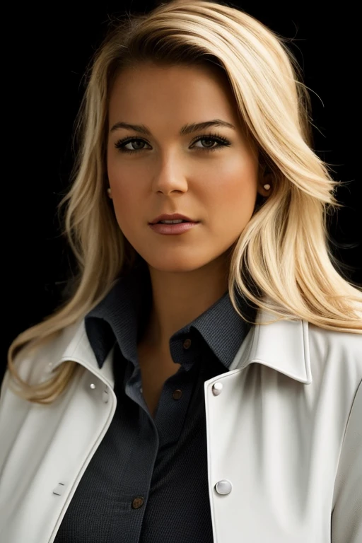 Photo of a woman in a white jacket, (medium shot), look into the camera, simple black background, studio light, detailed, realistic, 4K, <lora:MS_Taylor_Stone_V2_32:0.8>