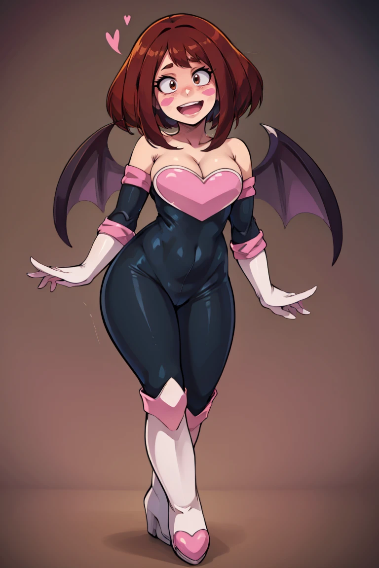 ((masterpiece,best quality)), absurdres,
<lora:Rouge_the_Bat_Cosplay:0.8>, rouge_the_bat_(cosplay), bat wings, white elbow gloves, bare shoulders, bat wings, smile, looking at viewer, 
aetherion, bat wings, blush, blush stickers, bodysuit, boku no hero academia, boots, breasts, brown hair, cleavage, cosplay, embarrassed, full body, heart, highres, open mouth, rouge the bat, rouge the bat (cosplay), short hair, sonic (series), uraraka ochako,
<lora:uraraka_ochako:0.8>, brown hair,brown eyes, short hair