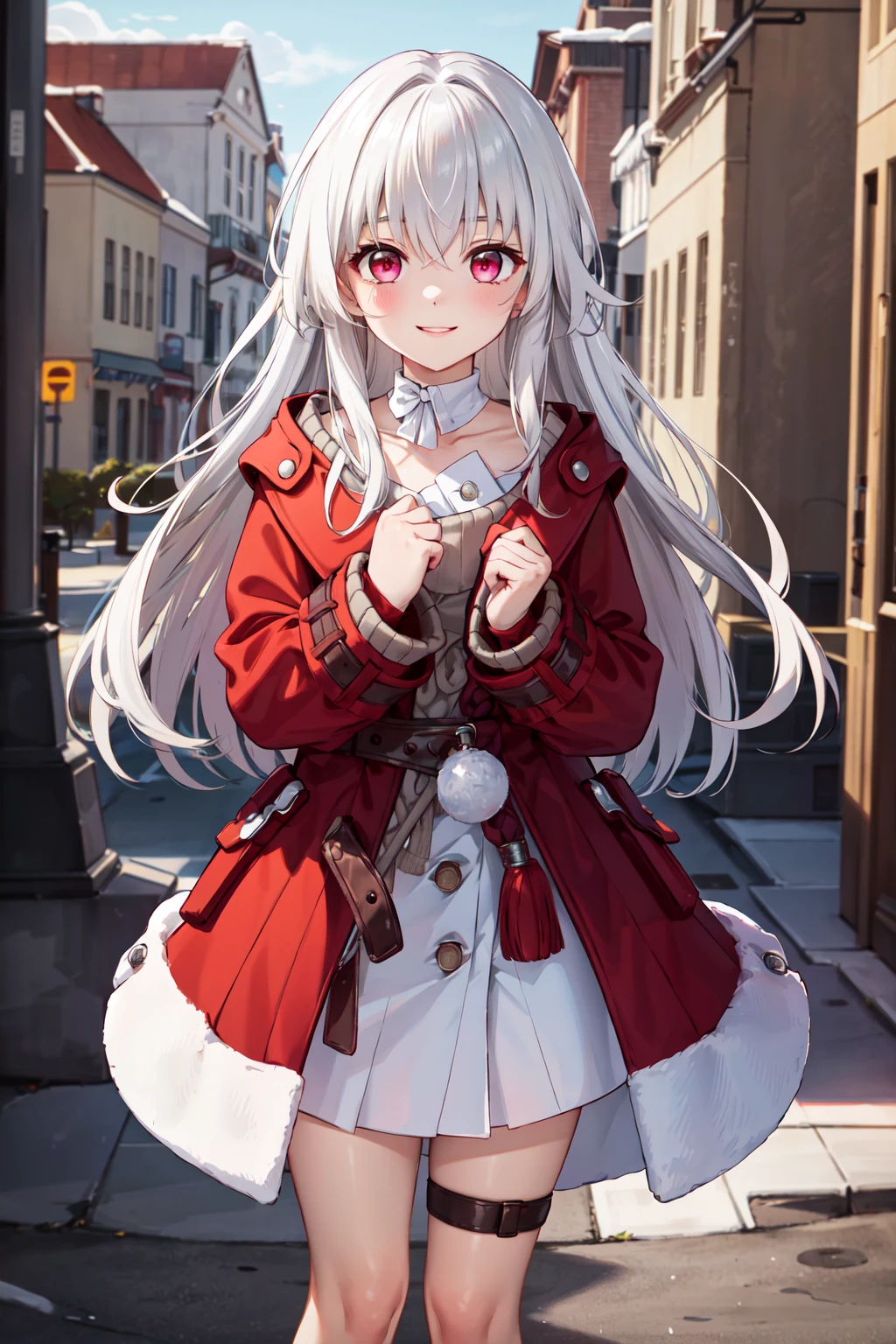 masterpiece,best quality,highres,ultra-detailed,clara,long hair,bangs,hair between eyes,white choker,red coat,open clothes,long sleeves,sleeves past wrists,white dress,sweater,white shirt,white skirt,thigh strap,barefoot,<lora:clara_(honkai_star_rail):0.7>,outdoors,cowboy shot,smile,standing,