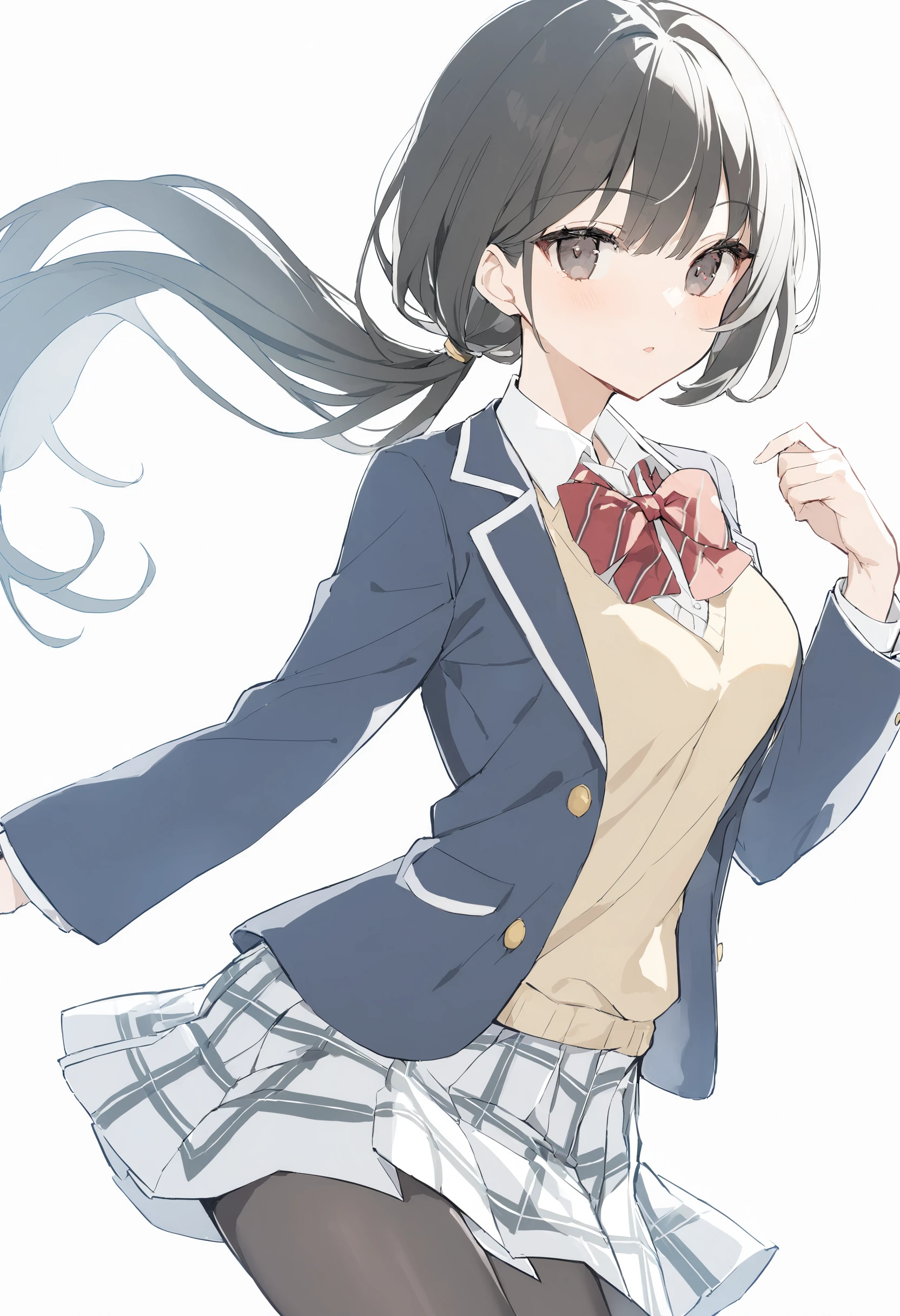 1girl, solo, Black hair, long hair, low ponytail, long fringe, dark eyes, high school uniform, collared shirt, ribbon, blazer, vest, skirt, tights, medium quality, nagi <lora:nagi_XL:1>