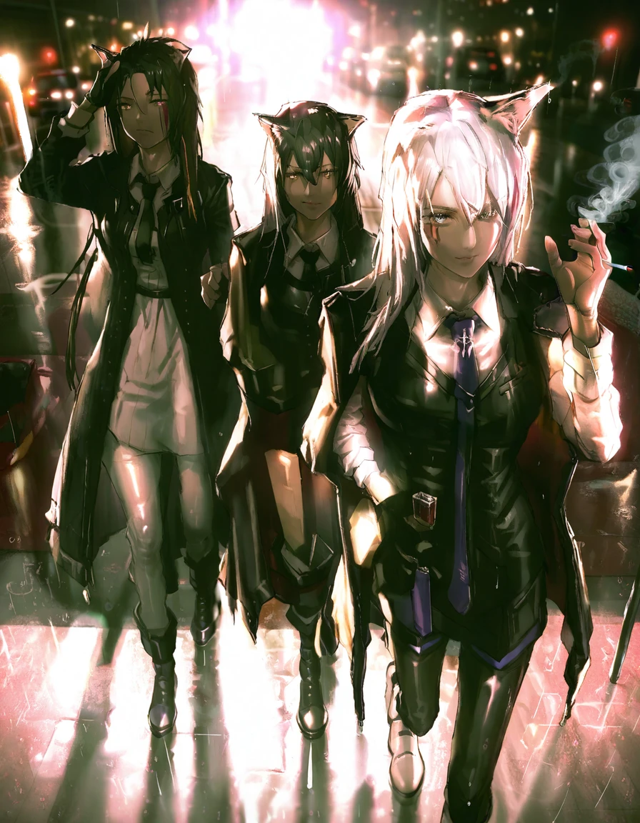 amazing quality, best quality, long hair, neon lights, glowing, rain, puddle, breasts, looking at viewer, bangs, multiple girls, shirt, black hair, gloves, long sleeves, dress, holding, 2girls, animal ears, closed mouth, standing, jacket, white shirt, white hair, pantyhose, boots, open clothes, necktie, shorts, collared shirt, vest, black dress, arm up, official alternate costume, cup, coat, black jacket, animal ear fluff, grey eyes, scar, white footwear, wolf ears, smoke, cigarette, hand in pocket, open coat, black coat, black vest, scar across eye, smoking, holding cigarette, texas \(arknights\), lappland \(arknights\), <lora:neg101:1>