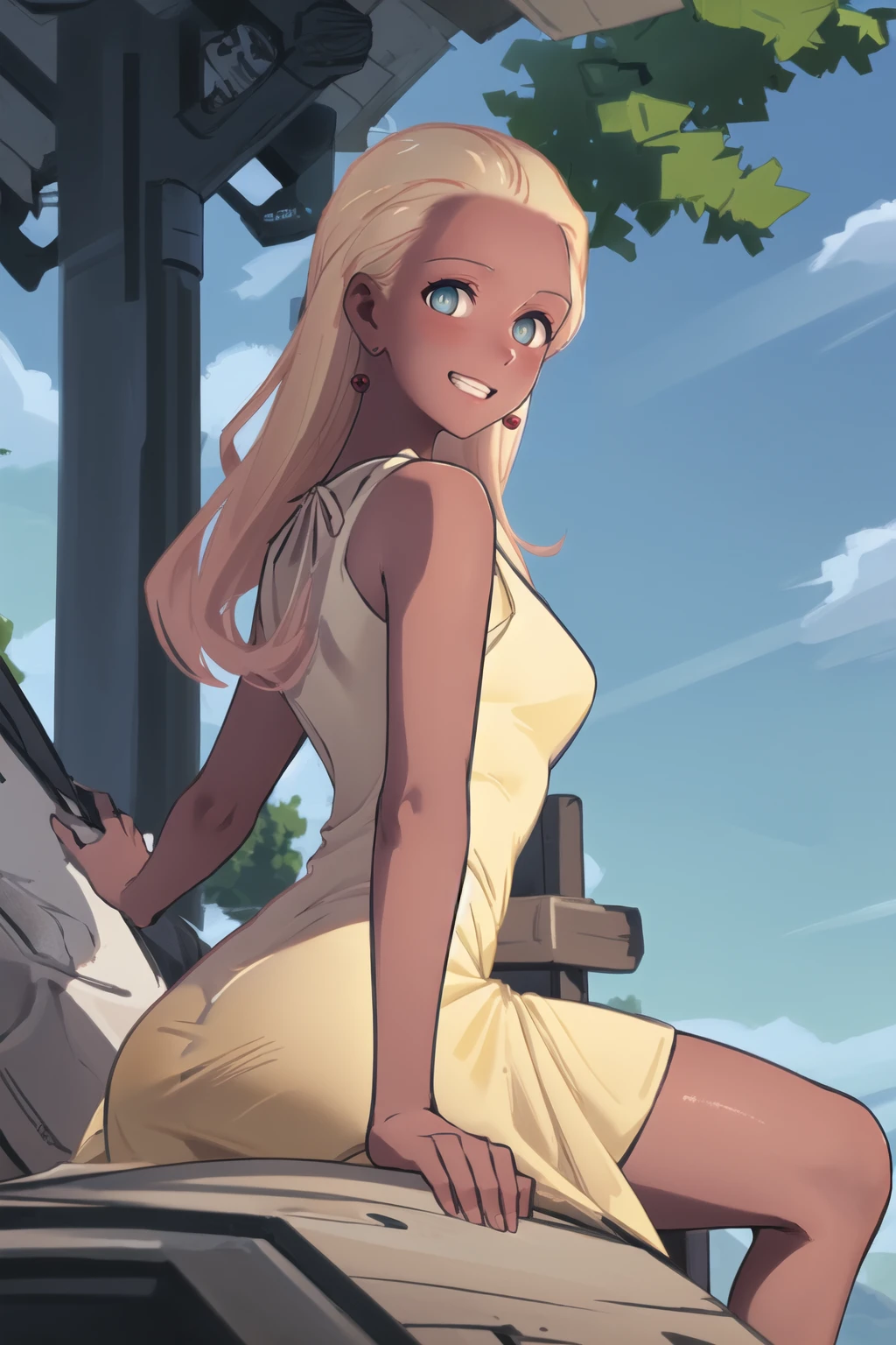 (best quality), outdoors, blue sky, clouds, cowboy shot, 1girl, solo, HaruSW, dark-skinned female, aqua eyes, <lora:HaruSWVisions_V1-Manityro-dadpt:1.0>, toned, smile, teeth, blush, looking at viewer, long hair, earrings, (yellow dress, yellow sundress:1.1), from side, sitting on log