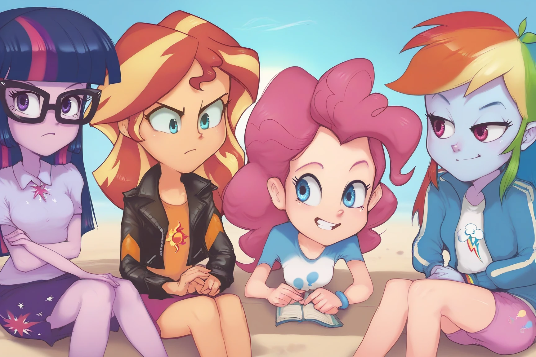 score_9, score_8_up, score_7_up, conoghi_style, BREAK
4girls, pinkie pie, rainbow dash, sunset shimmer, twilight sparkle wearing glasses,
<lora:conoghi_xl-000008:1>