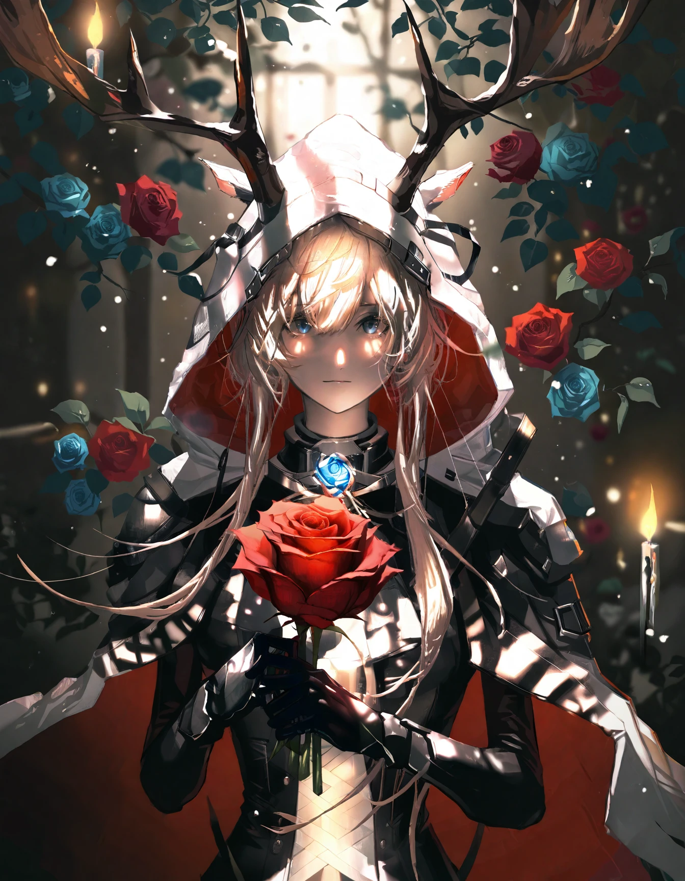 amazing quality, best quality, 1girl, solo, long hair, glowing, film grain, spotlight, backlighting, looking at viewer, bangs, blue eyes, blonde hair, gloves, holding, animal ears, closed mouth, upper body, flower, black gloves, hood, cape, rose, red flower, hood up, red rose, holding flower, candle, white cape, hooded cape, deer ears, <lora:neg101:1>