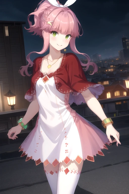 ((masterpiece)),(best quality),official art,extremely detailed CG,unity 8k wallpaper,ultra detailed,beautiful detailed eyes,extremely detailed face,city,1girl,solo,cowboy shot,looking at viewer,facing viewer,smile,Mengdeng Ciye,long hair,white hairband,pink hair,high ponytail,braid,hair ornament,sidelocks,bangs,green eyes,jewelry,collarbone,necklace,red capelet,white dress,small breasts,bracelet,white thighhighs,red footwear,<lora:Mengdeng Ciye(Noctuary)>,