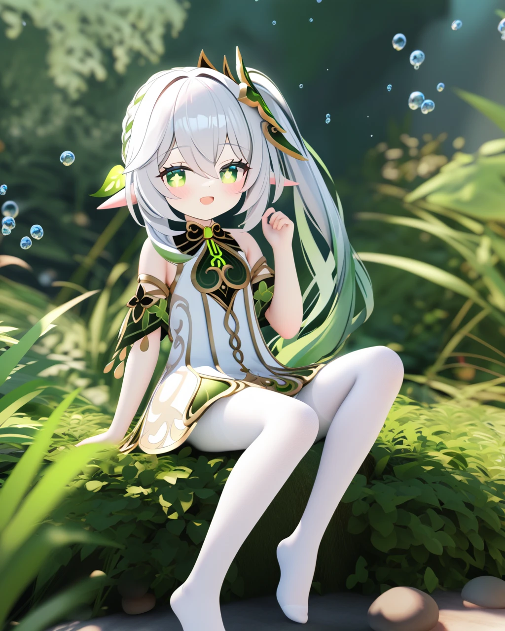 chen bin, mmd style, 1girl, nahida (genshin impact), solo, green eyes, pointy ears, side ponytail, symbol-shaped pupils, hair ornament, looking at viewer, white hair, bangs, smile, multicolored hair, long hair, blush, dress, gradient hair, hair between eyes, open mouth, braid, plant, mushroom, detached sleeves, green hair, white dress, :d, sidelocks, bare shoulders, outdoors, cross-shaped pupils, sitting, sleeveless, leaf hair ornament, sleeveless dress, blurry, white pantyhose, hand up, nature, jewelry, knee up, water drop