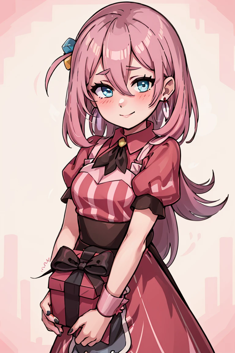 (masterpiece, best quality:1.2), solo, beautiful eyes, <lora:Palentines_2022:0.6>, smile, looking at viewer,
gotou1, gotou hitori, solo, bangs, hair between eyes, <lora:gotou_hitori_v1:0.7>, pink hair,
blush, box, closed mouth, commentary request, creatures (company), dress, earrings, eyelashes, game freak, gift, gift box, holding, holding gift, jewelry, looking at viewer, nail polish, nintendo, pink dress, red shirt, shirt, short sleeves, waist apron, wrist cuffs
