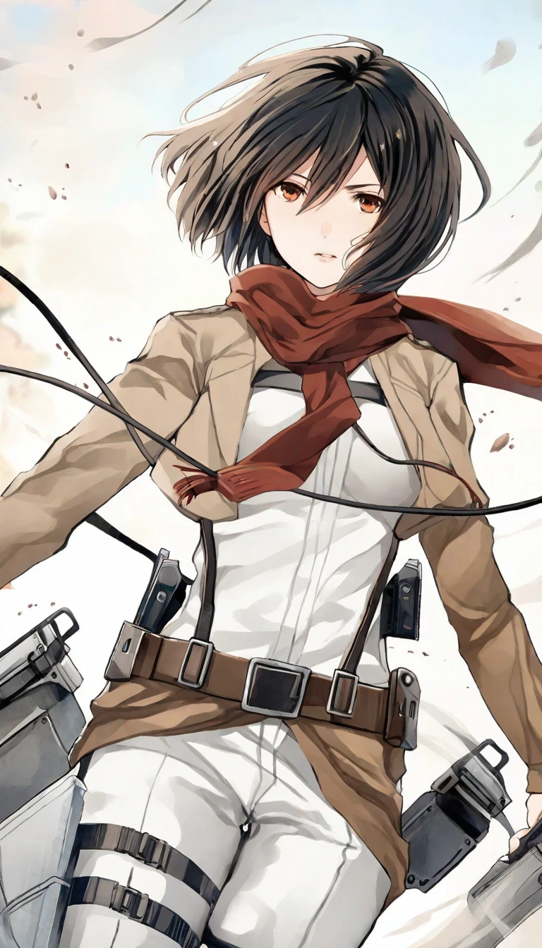<lora:mikasa ackerman:0.75>,<lora:orie:0.45>,mikasa ackerman,illustration,watercolor style,dreamy atmosphere,The image showcases a female animated character with short black hair,and a determined expression. She is dressed in a beige and white uniform,adorned with various patches and badges. She's holding a device that appears to be some sort of gun or weapon,with a long cord attached to it. The background is white,and there are some scattered elements,possibly representing a wind or movement,giving the impression of action or motion.,, masterpiece, best quality,