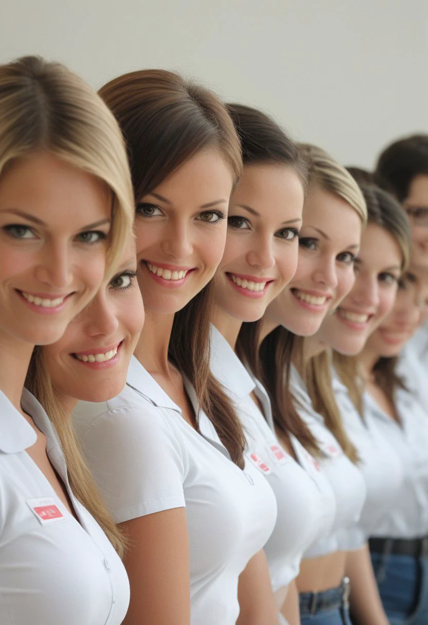 Super Closeup, Front View, busty sexy Female teachers Standing in a row, Closeup, sexy, detailed, Smiling,