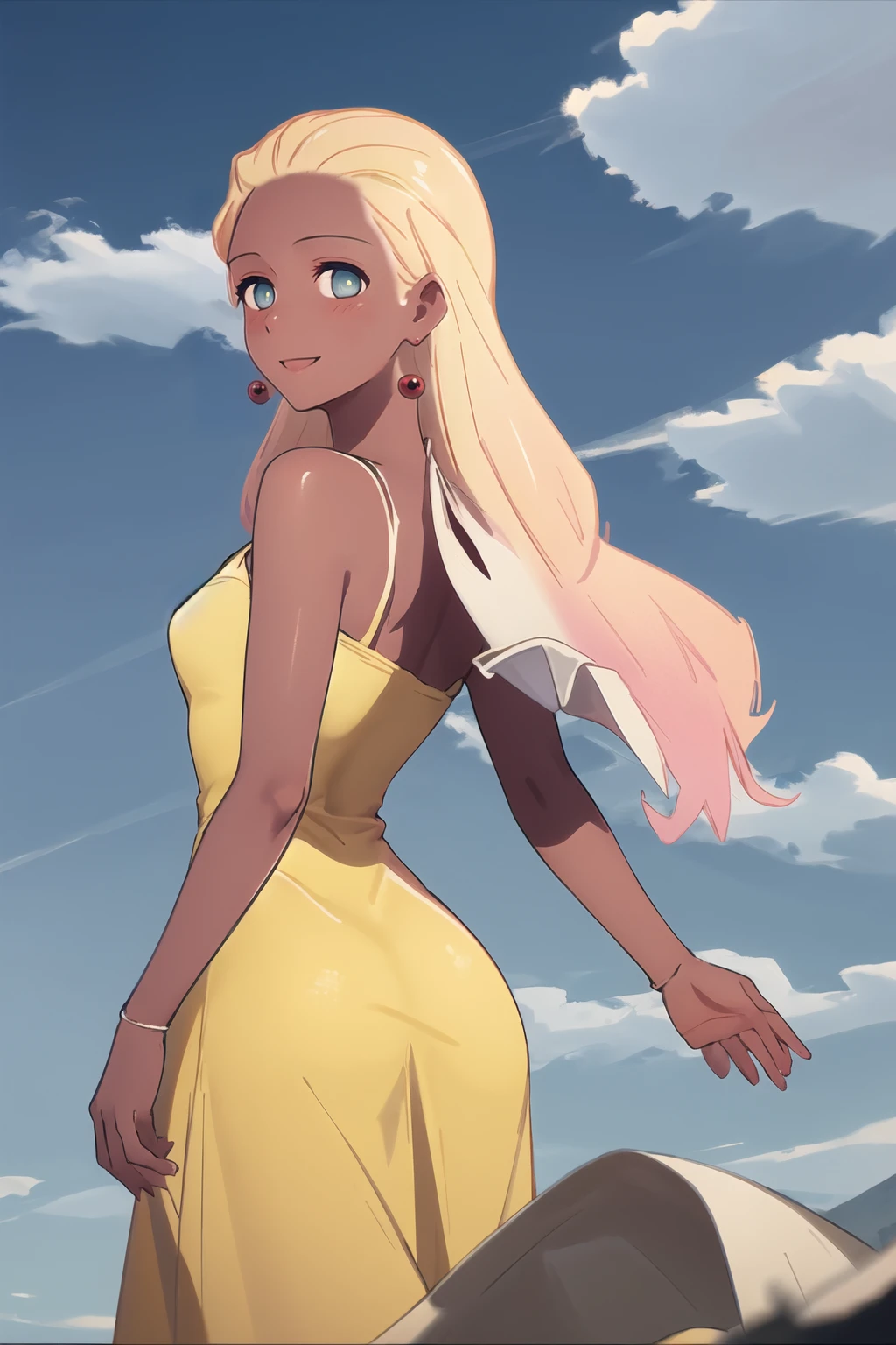 (best quality), outdoors, blue sky, clouds, cowboy shot, 1girl, solo, HaruSW, dark-skinned female, aqua eyes, <lora:HaruSWVisions_V1-Manityro-dadpt:1.0>, toned, smile, blush, looking at viewer, long hair, earrings, (yellow dress, yellow sundress:1.1), from behind