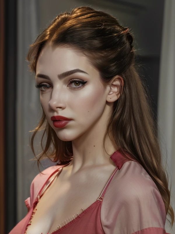 gquality, <lora:thelma-10:1> thelma, 1girl, solo, looking at viewer, shirt, upper body, makeup, lipstick, realistic, red lips, closed mouth, eyeliner, from side