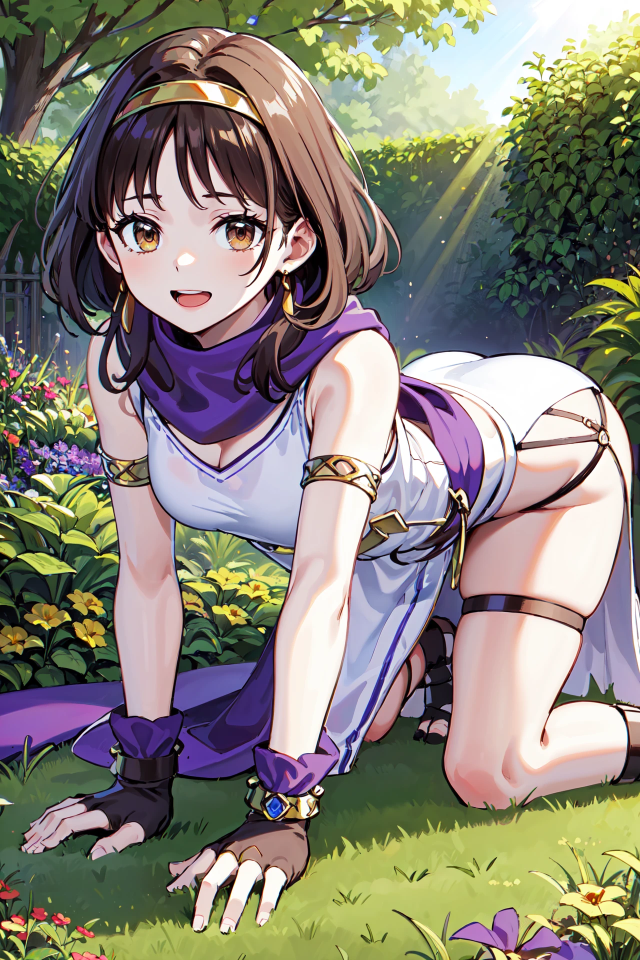 on all fours, laughing, <lora:lindaV3-1:0.9>,hol_linda,*****,looking at viewer, white dress, scarf,purple fingerless gloves, side slit,  armlet,pelvic curtain, gladiator sandals, jewelry,sleeveless, toeless footwear, bracelet,outdoors,garden,sunlight, (masterpiece, best quality, ultra-detailed, best shadow)