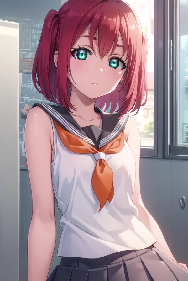 rubykurosawa, <lora:ruby kurosawa s2-lora-nochekaiser:1>,
ruby kurosawa, short hair, bangs, (green eyes:1.3), red hair, aqua eyes, two side up,
BREAK shirt, school uniform, white shirt, serafuku, neckerchief, uranohoshi school uniform, orange neckerchief, sleeveless, skirt, pleated skirt, grey skirt,
BREAK indoors, classroom,
BREAK looking at viewer, (cowboy shot:1.5),
BREAK <lyco:GoodHands-beta2:1>, (masterpiece:1.2), best quality, high resolution, unity 8k wallpaper, (illustration:0.8), (beautiful detailed eyes:1.6), extremely detailed face, perfect lighting, extremely detailed CG, (perfect hands, perfect anatomy),