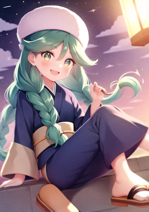 <lora:sabi:0.6>,sabi, 1girl, solo, long hair, smile, open mouth, bangs, long sleeves, hair between eyes, twintails, green eyes, braid, :d, green hair, twin braids, eyelashes, outdoors, japanese clothes, sky, cloud, kimono, mole, two-tone hair, sash, mole under eye, sandals, rope, knees up, sunset, lantern, crossed bangs, stairs, colored inner hair, blue kimono, purple sky, white headwear,