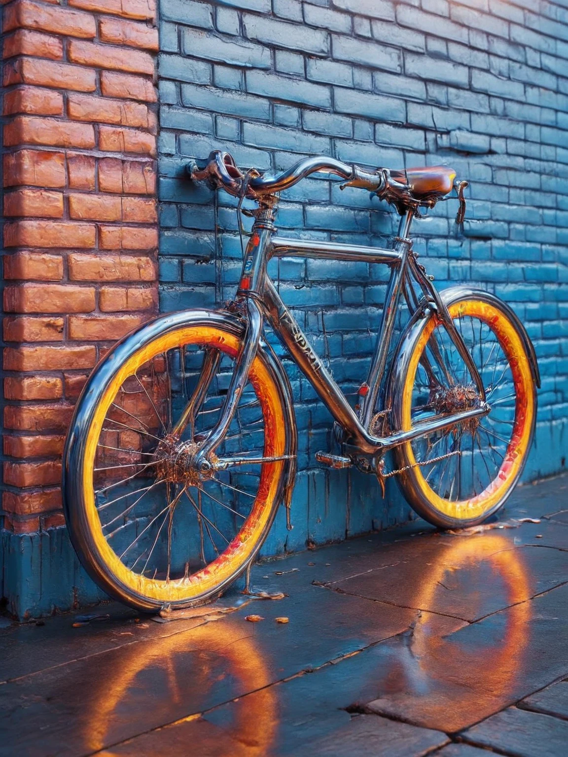 ais-moltenz bicycle,leaning against a brightly painted brick wall <lora:Molten_Metal_SDXL:1>