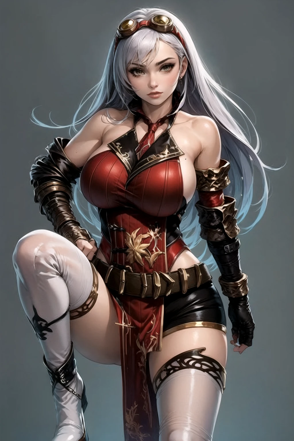 <lora:ArniceNoAV1-000006:0.99> arnice, 1girl, bare_shoulders, belt, boots, breasts, gauntlets, goggles_on_head, long_hair, looking_at_viewer, simple_background, solo, thighhighs, white_legwear, std, beautiful, (masterpiece:1.2), (best quality:1.2)