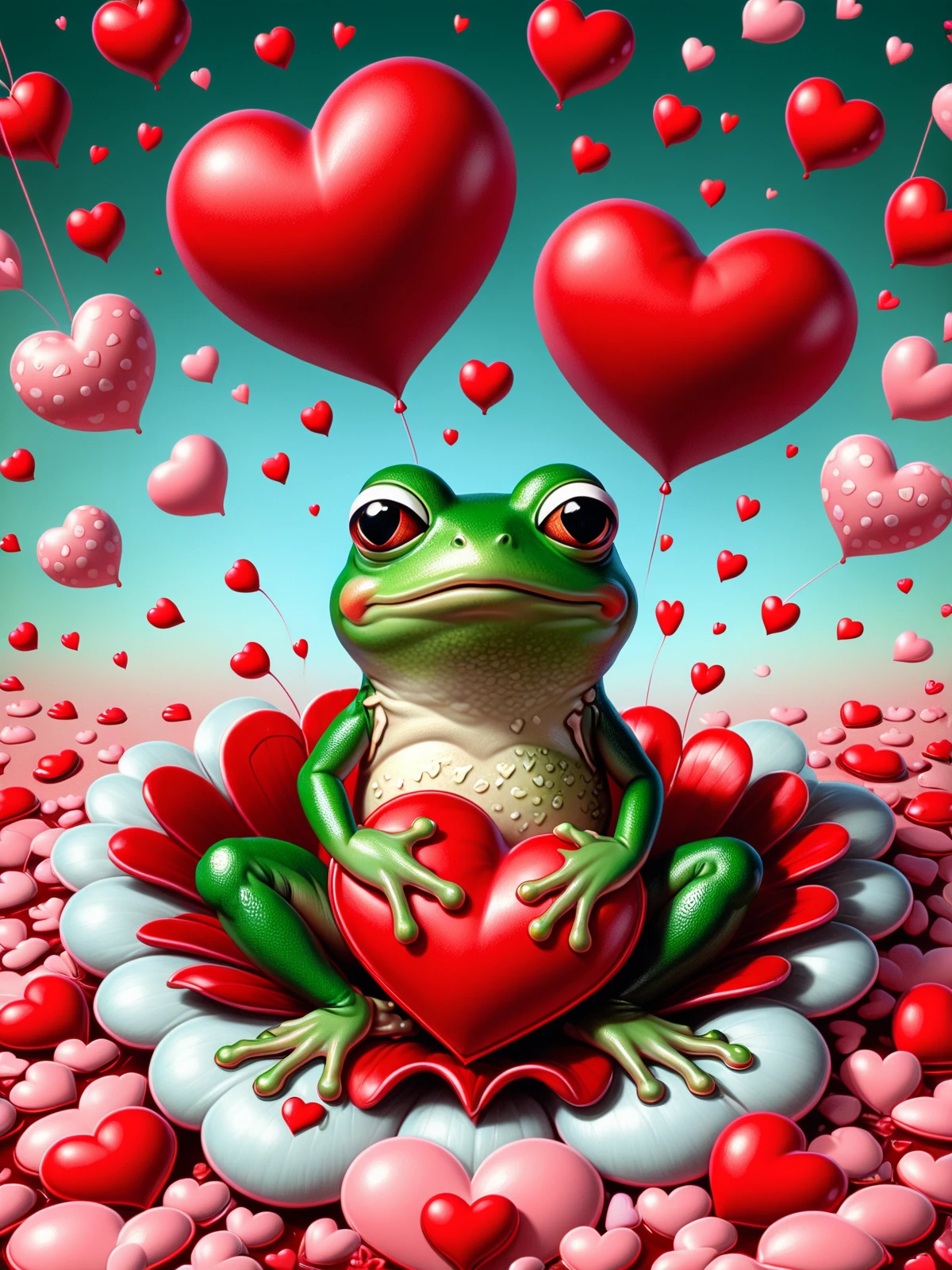 (pepe the frog:1.4), floating hearts, text banner saying "I love you" <lora:Kitschy_Cards_SDXL:0.8> mad-kitsch, (masterpiece:1.2), best quality, (hyperdetailed, highest detailed:1.2), high resolution textures